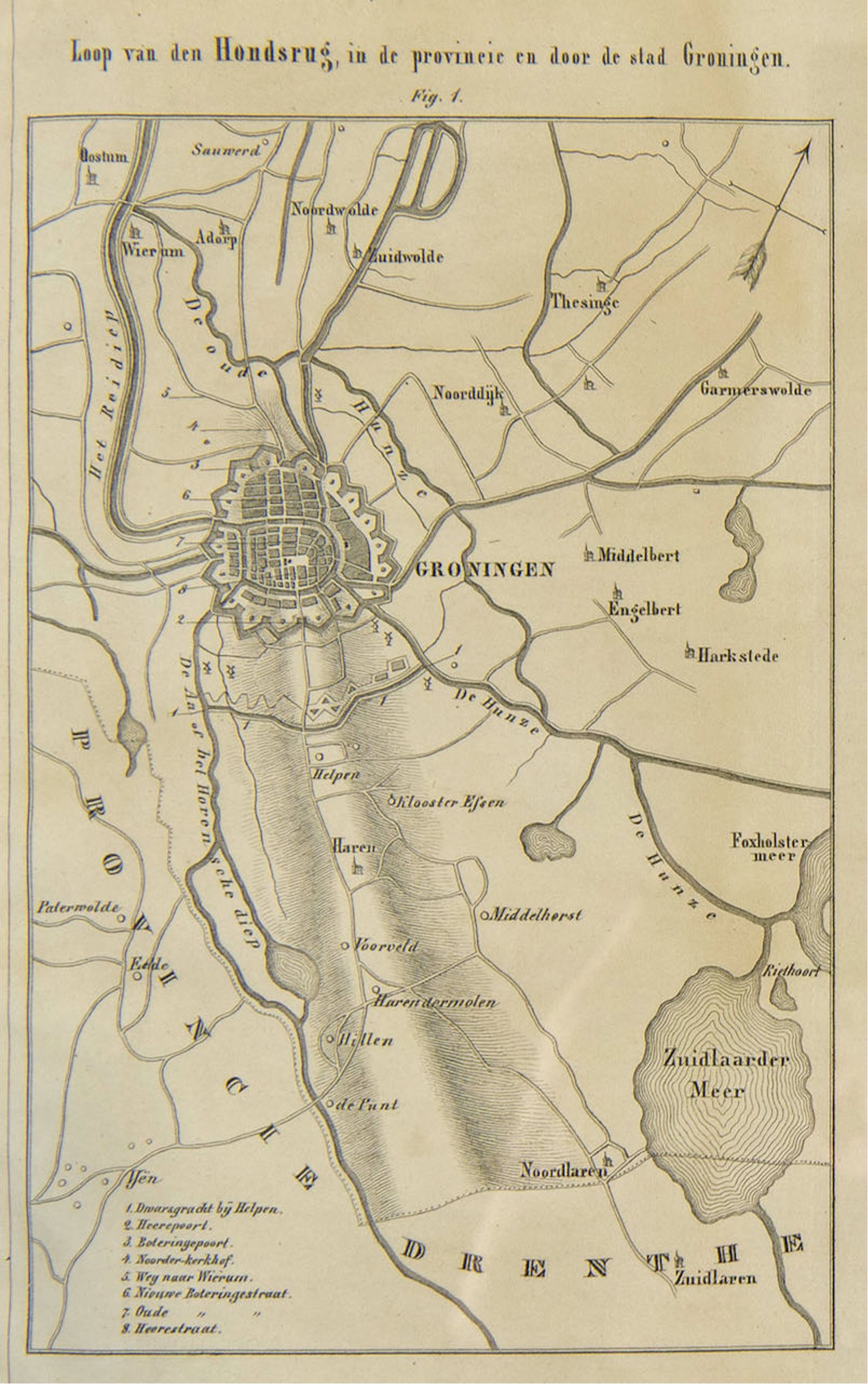 L.A. Cohen, Loop van de Hondsrug in de provincie en door de stad Groningen (Leiden 1842). Ook aangegeven zijn “Klooster Essen” en de loop van “De Hunze” en “De oude Hunze”. UBG Backer 183