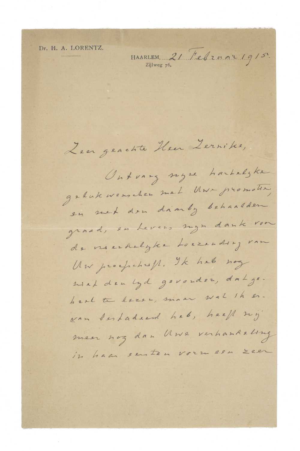 De brief van H.A. Lorentz aan Frits Zernike. Gedateerd 21 februari 1915]The letter of H.A. Lorentz to Frits Zernike. [Dated 21 February 1915]